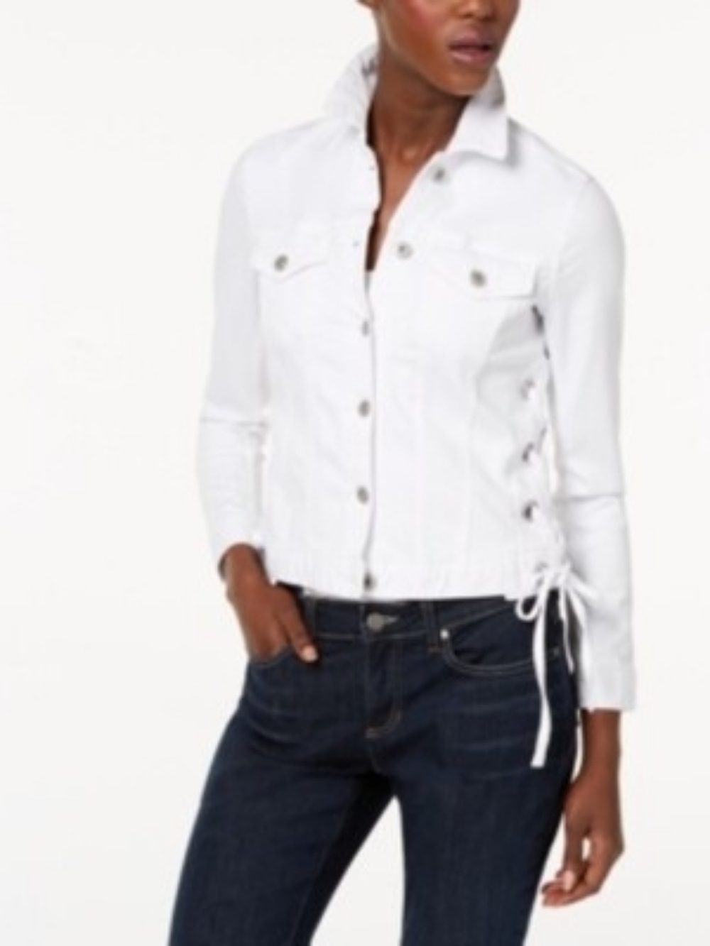 VINCE CAMUTO Womens White Point Collar Denim Jacket  Side Lace Detail Sz XS Nwt - Picture 9 of 12
